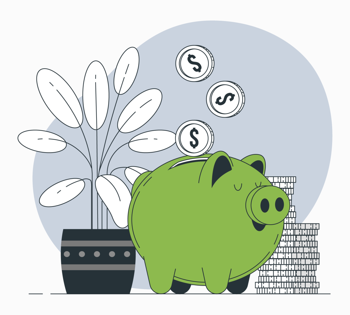 illustrated piggy bank smiling with money